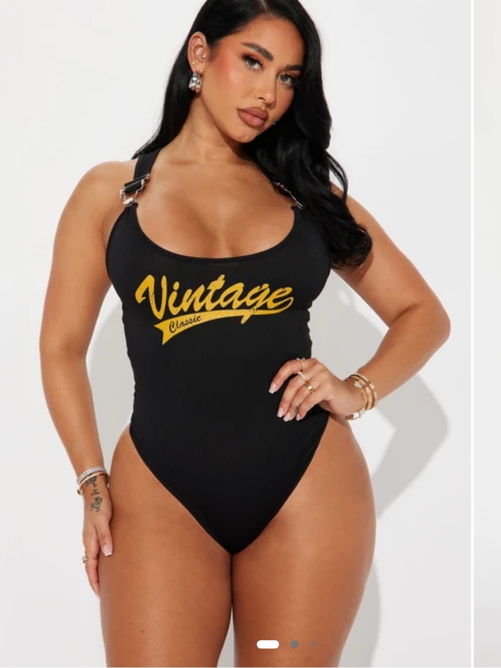 Fashion Nova Black One-Piece Swimsuit with Yellow 'Vintage' Script